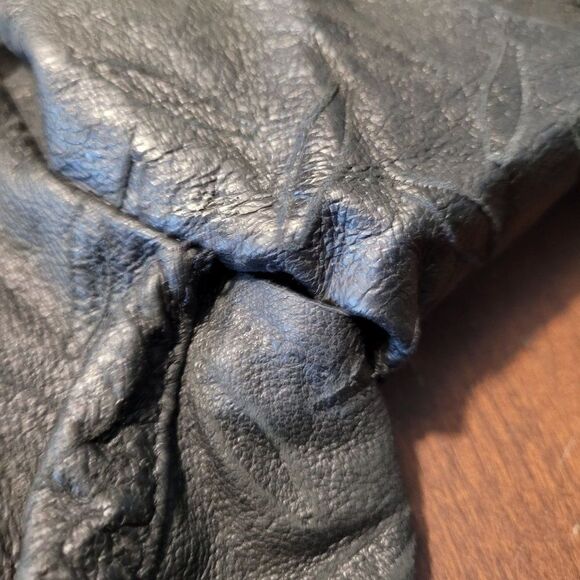 Vtg 80's Leather Trench Coat Rare Rocker Punk Tire Track Embossed Black Sz S - Picture 4 of 16